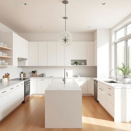 a minimalistic kitchen design featuring sleek cabinets in a soft white finish, a large island with a smooth marble countertop, minimalist stainless steel appliances, subtle hanging pendant lights above the island, open shelving with neatly organized dishware, a touch of green from a few potted herbs on the windowsill, and natural light streaming in through a large window, creating a serene and tidy atmosphere