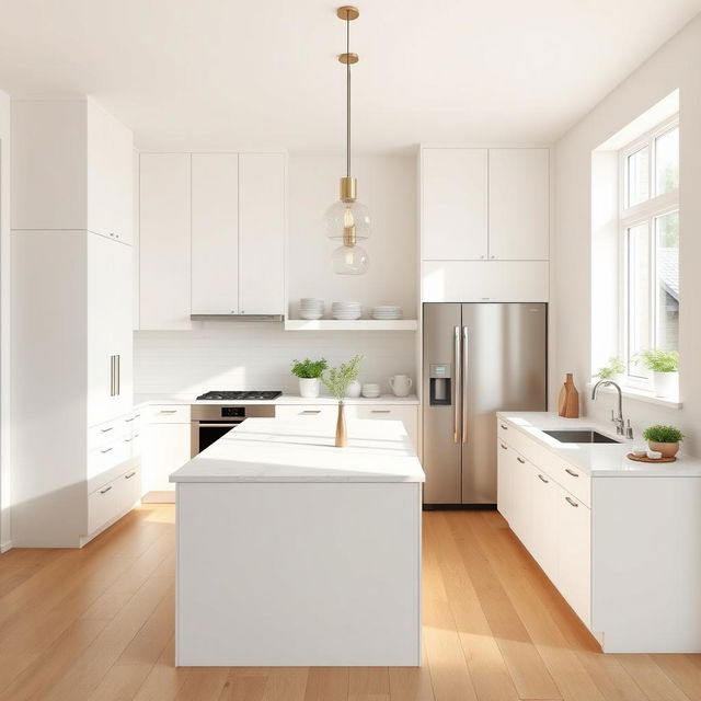 a minimalistic kitchen design featuring sleek cabinets in a soft white finish, a large island with a smooth marble countertop, minimalist stainless steel appliances, subtle hanging pendant lights above the island, open shelving with neatly organized dishware, a touch of green from a few potted herbs on the windowsill, and natural light streaming in through a large window, creating a serene and tidy atmosphere