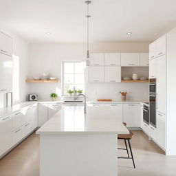 a minimalistic kitchen design featuring sleek cabinets in a soft white finish, a large island with a smooth marble countertop, minimalist stainless steel appliances, subtle hanging pendant lights above the island, open shelving with neatly organized dishware, a touch of green from a few potted herbs on the windowsill, and natural light streaming in through a large window, creating a serene and tidy atmosphere