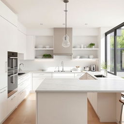 a minimalistic kitchen design featuring sleek cabinets in a soft white finish, a large island with a smooth marble countertop, minimalist stainless steel appliances, subtle hanging pendant lights above the island, open shelving with neatly organized dishware, a touch of green from a few potted herbs on the windowsill, and natural light streaming in through a large window, creating a serene and tidy atmosphere