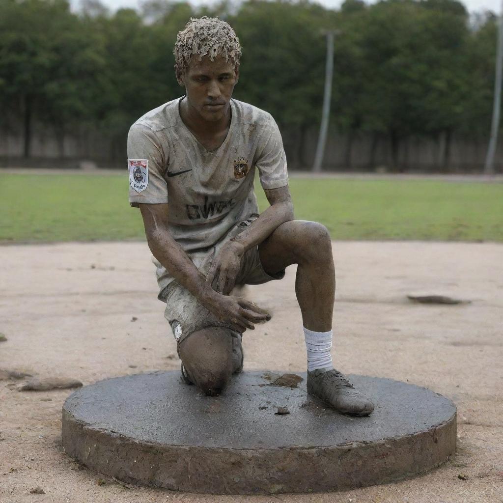 A damaged statue of Neymar, the famous footballer, with fragments scattered around the base, portraying an air of melancholy and decay.