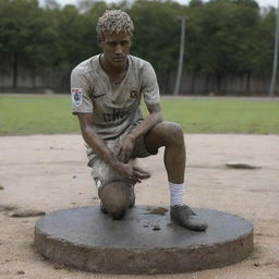 A damaged statue of Neymar, the famous footballer, with fragments scattered around the base, portraying an air of melancholy and decay.