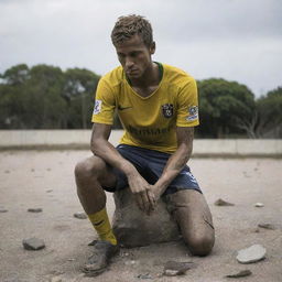 A damaged statue of Neymar, the famous footballer, with fragments scattered around the base, portraying an air of melancholy and decay.