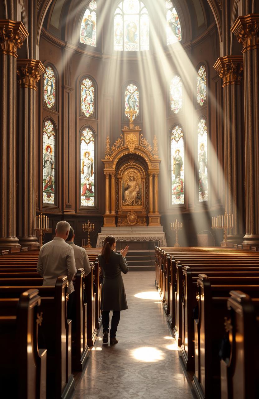 A serene and majestic scene inside a grand church, showing a few devout individuals in humble prayer