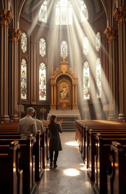 A serene and majestic scene inside a grand church, showing a few devout individuals in humble prayer