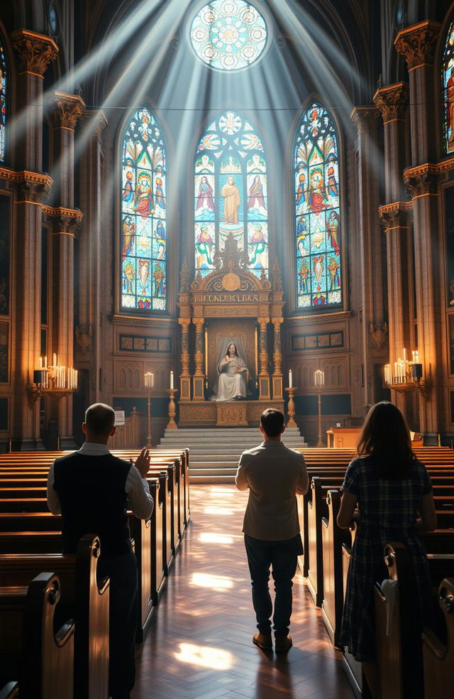 A serene and majestic scene inside a grand church, showing a few devout individuals in humble prayer