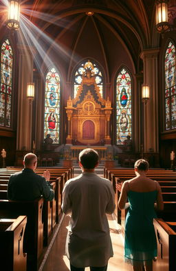 A serene and majestic scene inside a grand church, showing a few devout individuals in humble prayer