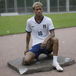 A damaged statue of Neymar, the famous footballer, with fragments scattered around the base, portraying an air of melancholy and decay.