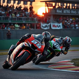 A dramatic and intense moment in a MotoGP race, featuring two fierce competitors battling for the lead