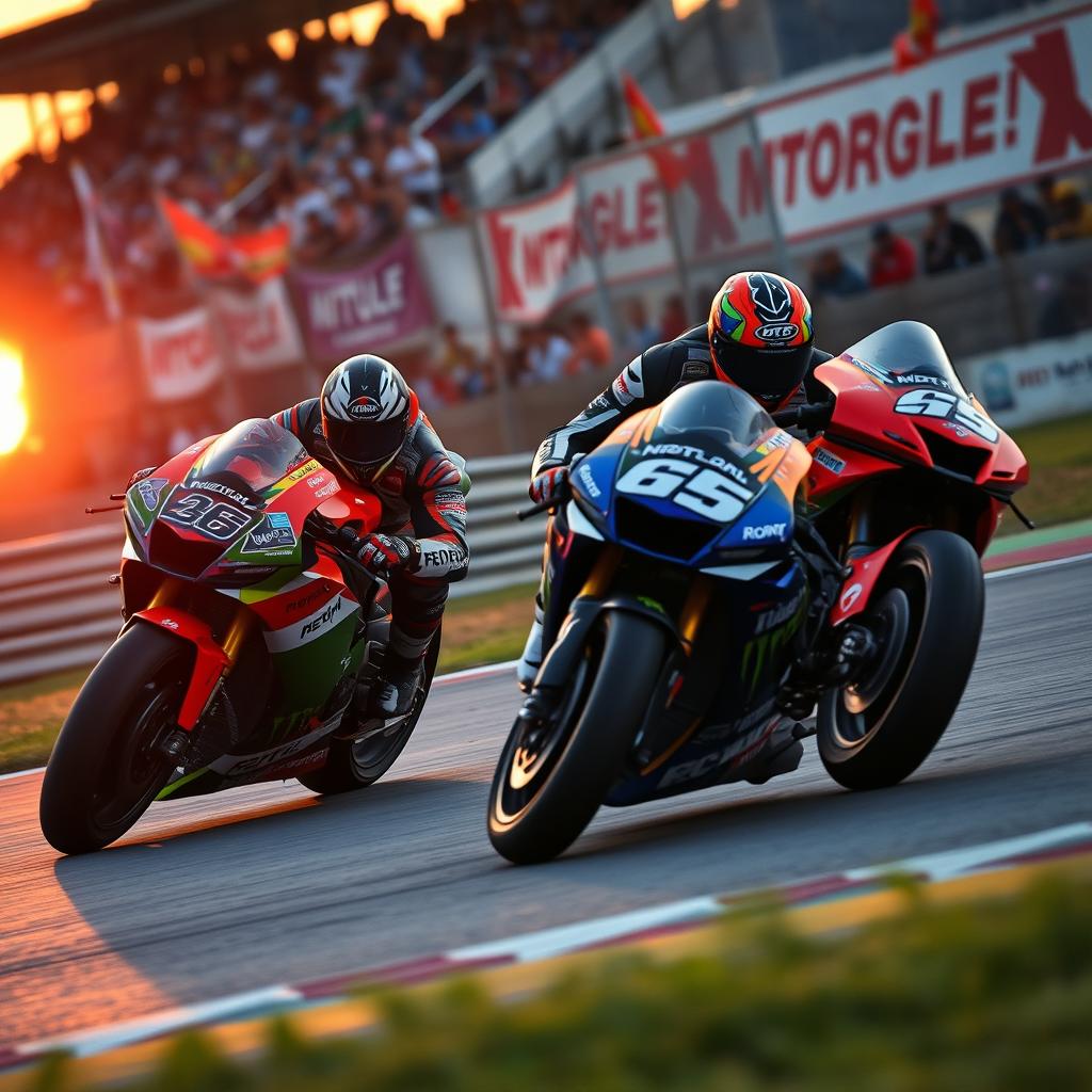 A dramatic and intense moment in a MotoGP race, featuring two fierce competitors battling for the lead