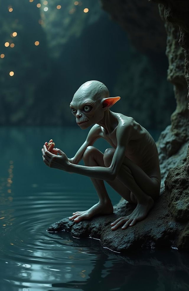 A hyper-realistic image of Gollum from 'The Hobbit', captured in a dark, damp cave by a shimmering lake