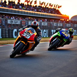 A dramatic and intense moment in a MotoGP race, featuring two fierce competitors battling for the lead