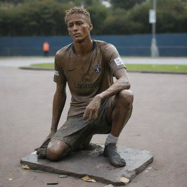 A damaged statue of Neymar, the famous footballer, with fragments scattered around the base, portraying an air of melancholy and decay.