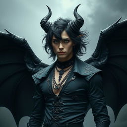 A handsome demon with flowing black curls, piercing green eyes, and striking Nordic features