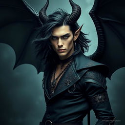 A handsome demon with flowing black curls, piercing green eyes, and striking Nordic features