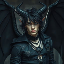 A handsome demon with flowing black curls, piercing green eyes, and striking Nordic features