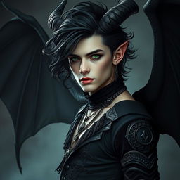 A handsome demon with flowing black curls, piercing green eyes, and striking Nordic features