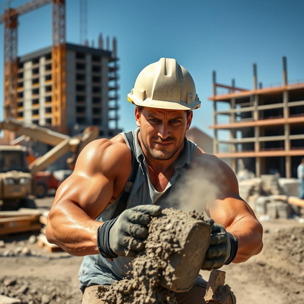 A muscular man in a hard hat and work gloves, looking directly at the camera with a determined expression, as he struggles to mix concrete on a bustling construction site