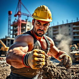 A muscular man in a hard hat and work gloves, looking directly at the camera with a determined expression, as he struggles to mix concrete on a bustling construction site