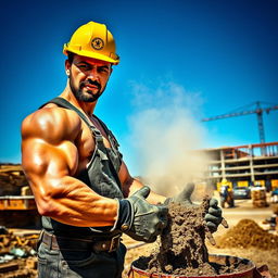 A muscular man in a hard hat and work gloves, looking directly at the camera with a determined expression, as he struggles to mix concrete on a bustling construction site