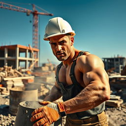 A muscular man in a hard hat and work gloves, looking directly at the camera with a determined expression, as he struggles to mix concrete on a bustling construction site