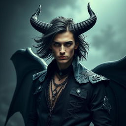 A handsome demon with flowing black curls, piercing green eyes, and striking Nordic features