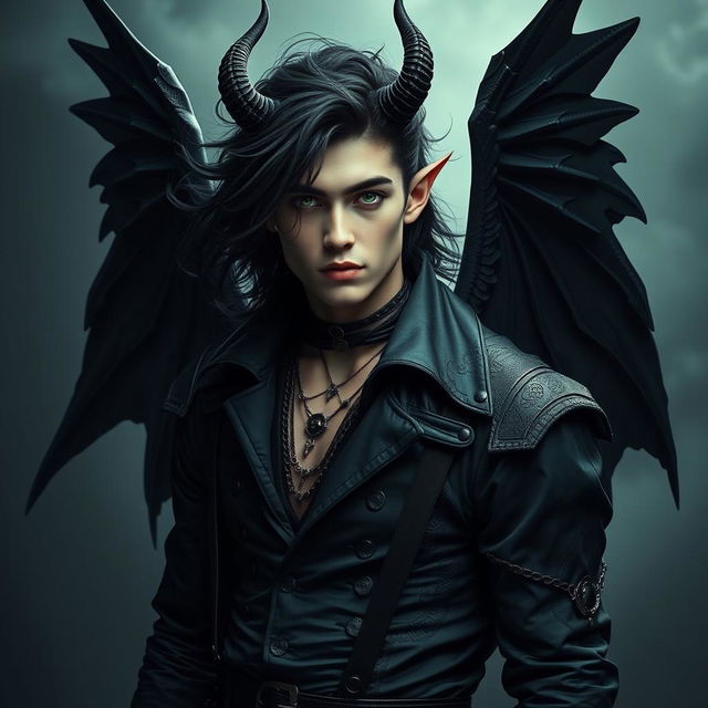 A handsome demon with flowing black curls, piercing green eyes, and striking Nordic features