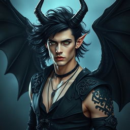 A handsome demon with flowing black curls, piercing green eyes, and striking Nordic features