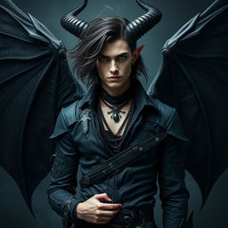 A handsome demon with flowing black curls, piercing green eyes, and striking Nordic features