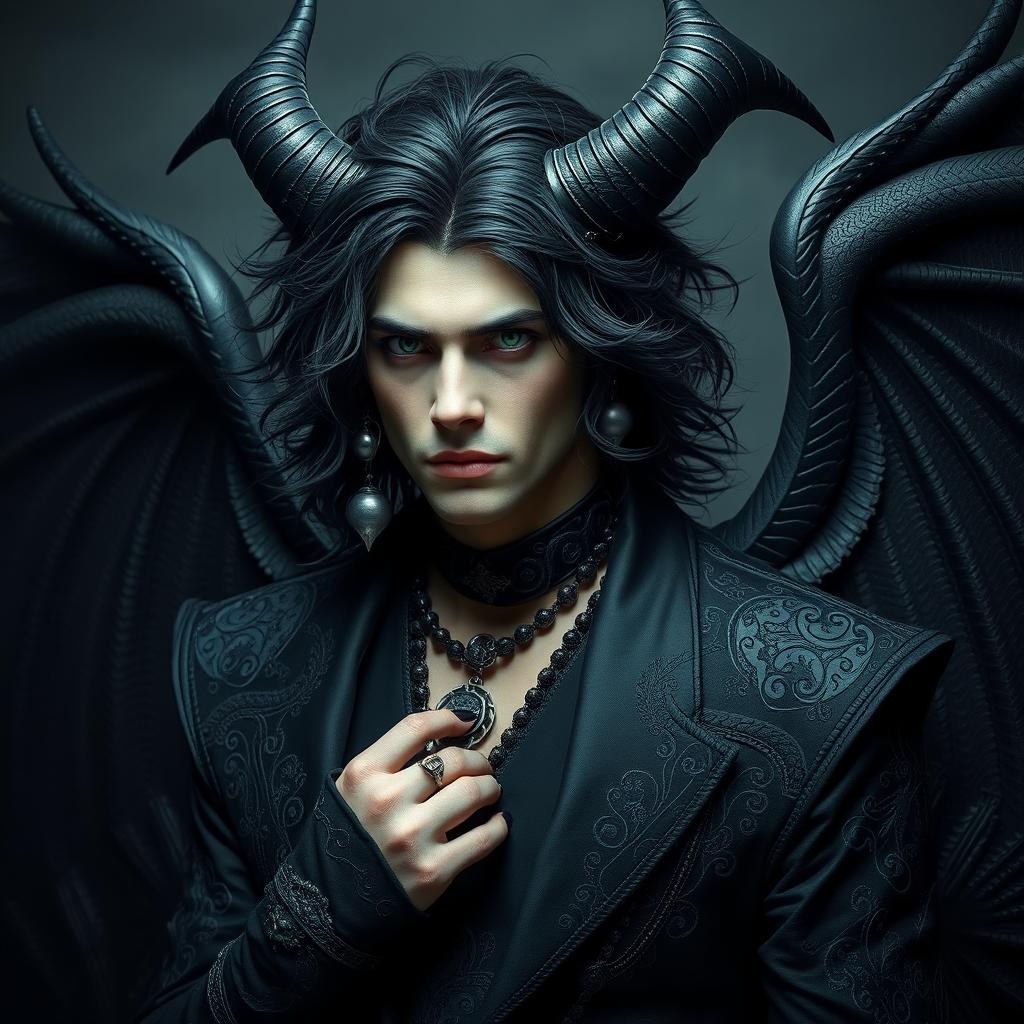 A handsome demon with flowing black curls, piercing green eyes, and striking Nordic features