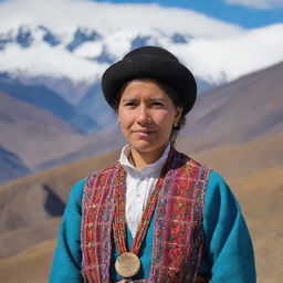 A Chilean person dressed in traditional clothing, with a warm expression, standing against a backdrop of the beautiful Andean mountains.