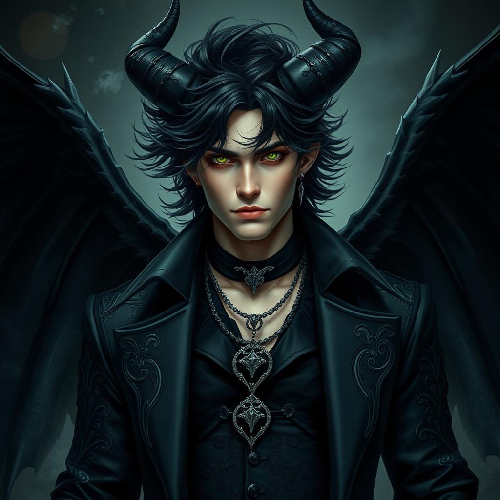 A handsome demon with flowing black curls, piercing green eyes, and striking Nordic features