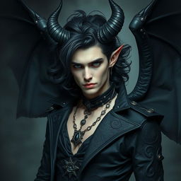 A handsome demon with flowing black curls, piercing green eyes, and striking Nordic features