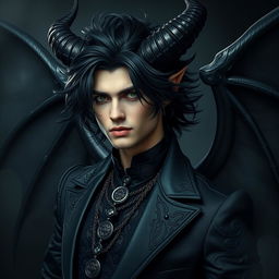 A handsome demon with flowing black curls, piercing green eyes, and striking Nordic features