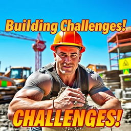 A vibrant YouTube thumbnail featuring a muscular man in a hard hat, looking directly at the camera with an intense expression as he struggles to mix concrete on a busy construction site