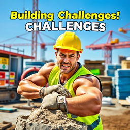 A vibrant YouTube thumbnail featuring a muscular man in a hard hat, looking directly at the camera with an intense expression as he struggles to mix concrete on a busy construction site