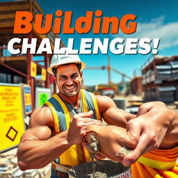 A vibrant YouTube thumbnail featuring a muscular man in a hard hat, looking directly at the camera with an intense expression as he struggles to mix concrete on a busy construction site