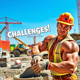 A vibrant YouTube thumbnail featuring a muscular man in a hard hat, looking directly at the camera with an intense expression as he struggles to mix concrete on a busy construction site