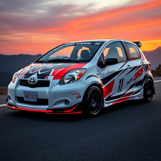 A 2006 Toyota Yaris customized with design stickers inspired by the classic Toyota AE86 from the anime Initial D