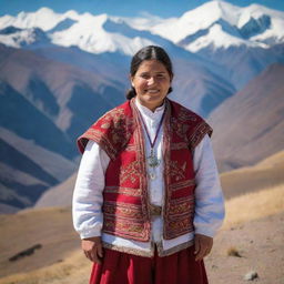 A Chilean person dressed in traditional clothing, with a warm expression, standing against a backdrop of the beautiful Andean mountains.