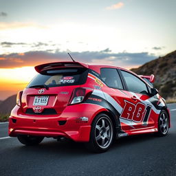 A 2006 Toyota Yaris customized with design stickers inspired by the classic Toyota AE86 from the anime Initial D