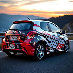 A 2006 Toyota Yaris customized with design stickers inspired by the classic Toyota AE86 from the anime Initial D