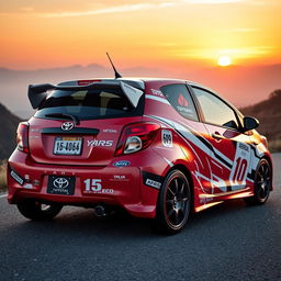 A 2006 Toyota Yaris customized with design stickers inspired by the classic Toyota AE86 from the anime Initial D