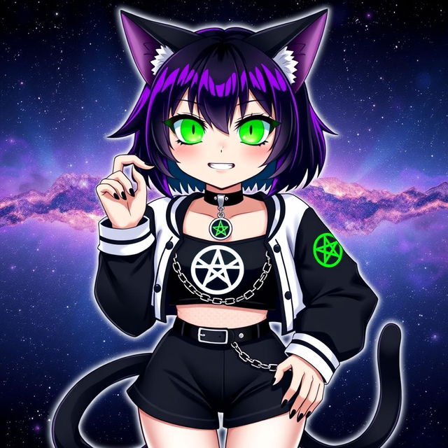 Anime style illustration of an adult cat girl with two tails, featuring short black hair with vibrant purple highlights