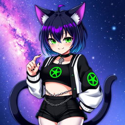 Anime style illustration of an adult cat girl with two tails, featuring short black hair with vibrant purple highlights