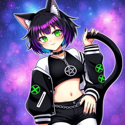 Anime style illustration of an adult cat girl with two tails, featuring short black hair with vibrant purple highlights