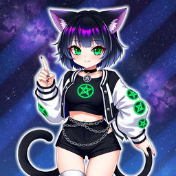 Anime style illustration of an adult cat girl with two tails, featuring short black hair with vibrant purple highlights