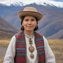 A Chilean person dressed in traditional clothing, with a warm expression, standing against a backdrop of the beautiful Andean mountains.