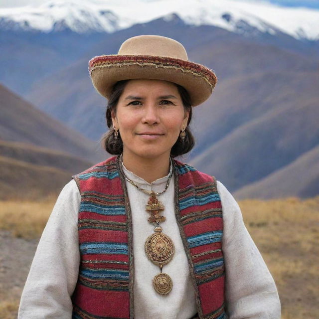 A Chilean person dressed in traditional clothing, with a warm expression, standing against a backdrop of the beautiful Andean mountains.