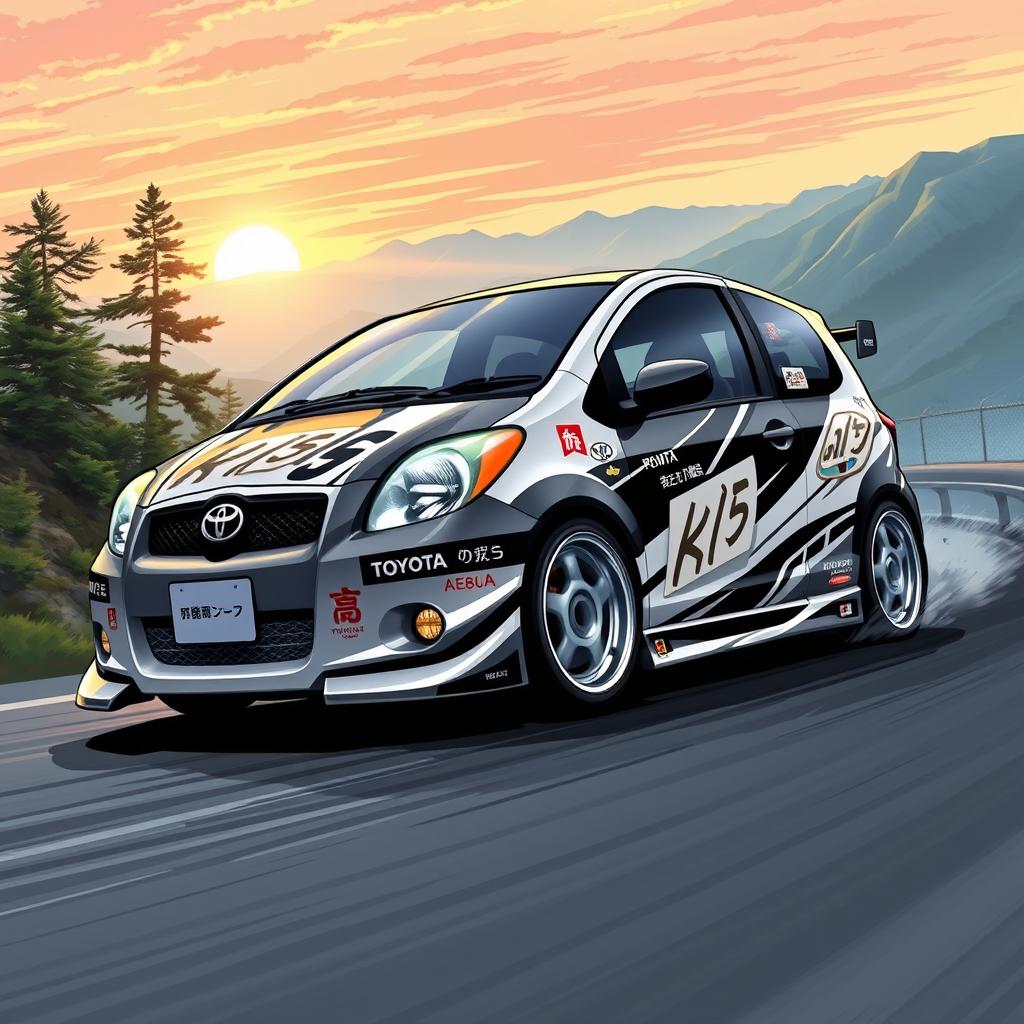 A vibrant and dynamic illustration of a 2006 Toyota Yaris, modified with a stylish and recognizable design inspired by the classic Toyota AE86 from the anime Initial D